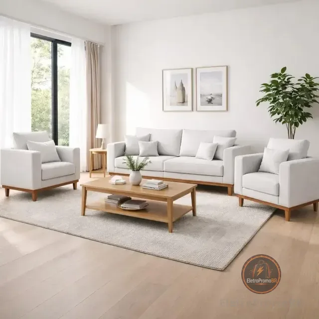 Kit 2 Poltronas Living + Sofá 3 Lugares Base Madeira Linho