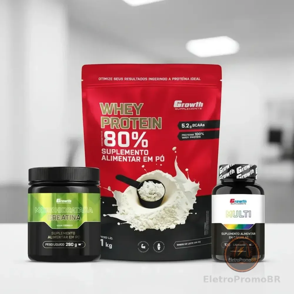 Kit Growth: Whey Protein Leite Em Pó 1kg + Multivitamínico 120 Cáps + Creatina Monohidratada 250g