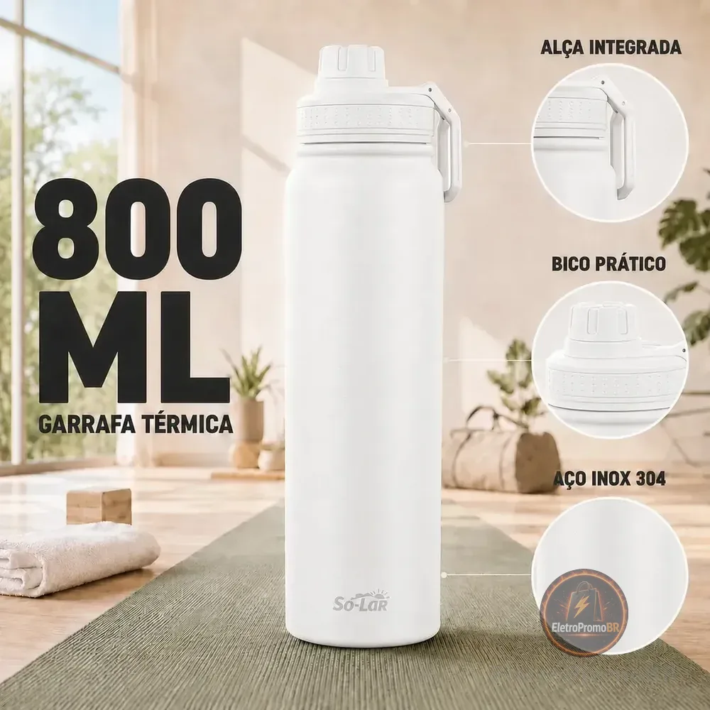 Garrafa Térmica 800ml Isolada A Vácuo Aço Inox Água Gelada Esporte Academia com Alça Branco Sólar