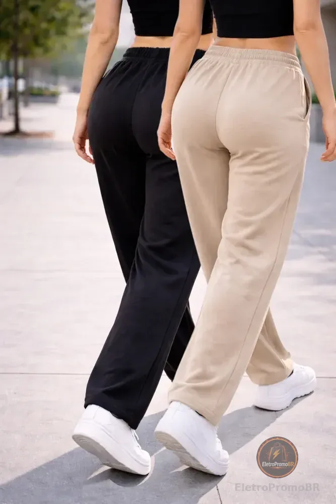 Calça Moletom Cintura Elástica Estilosa Wide Leg Pantalona Bege Lisa G 44