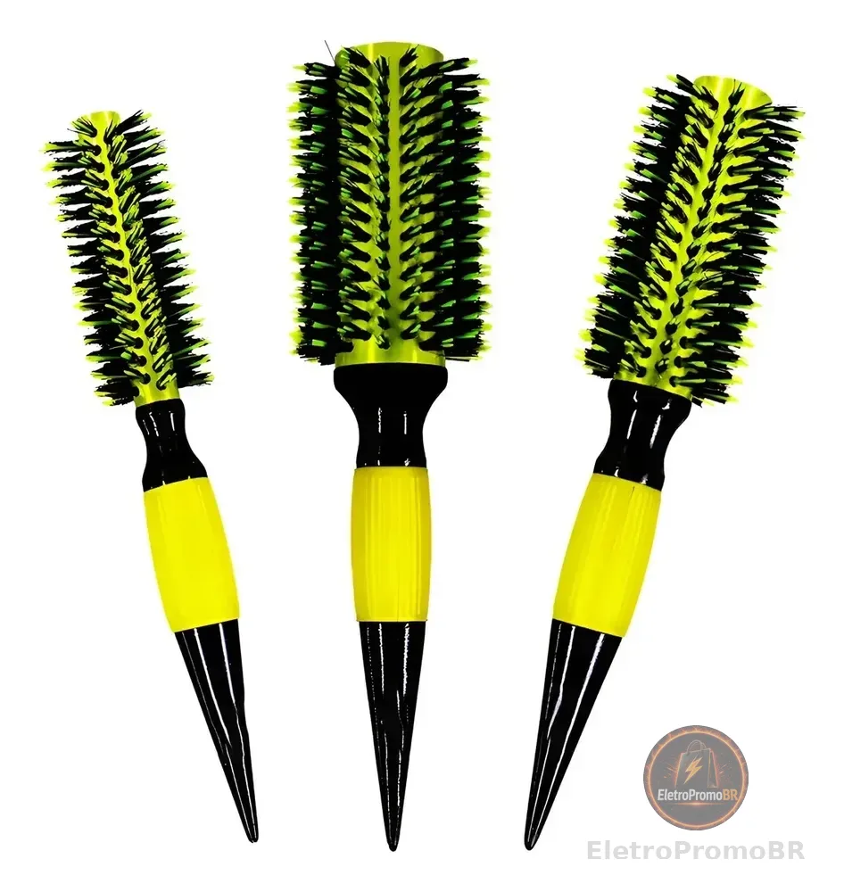 3 Escovas Kit Cabelo Com Cerdas De Javali Profissionais Amarelo