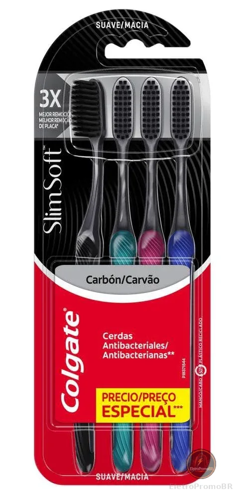 Colgate Escova de Dentes Slim Soft Premium 4 Unidades | Cerdas Finas, Limpeza Profunda, Infusão de Carvão Ativado