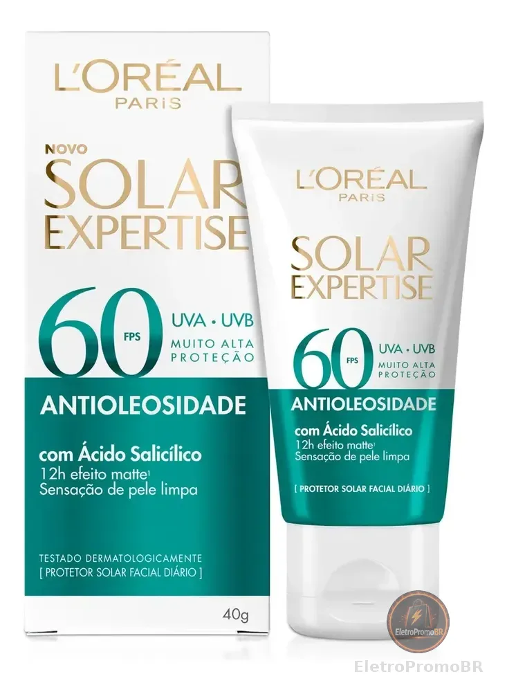 Protetor Solar Facial Antioleosidade FPS60, Controle de Oleosidade por 12h, Efeito Matte Sem Cor, Solar Expertise L'Oreal Paris, 40g