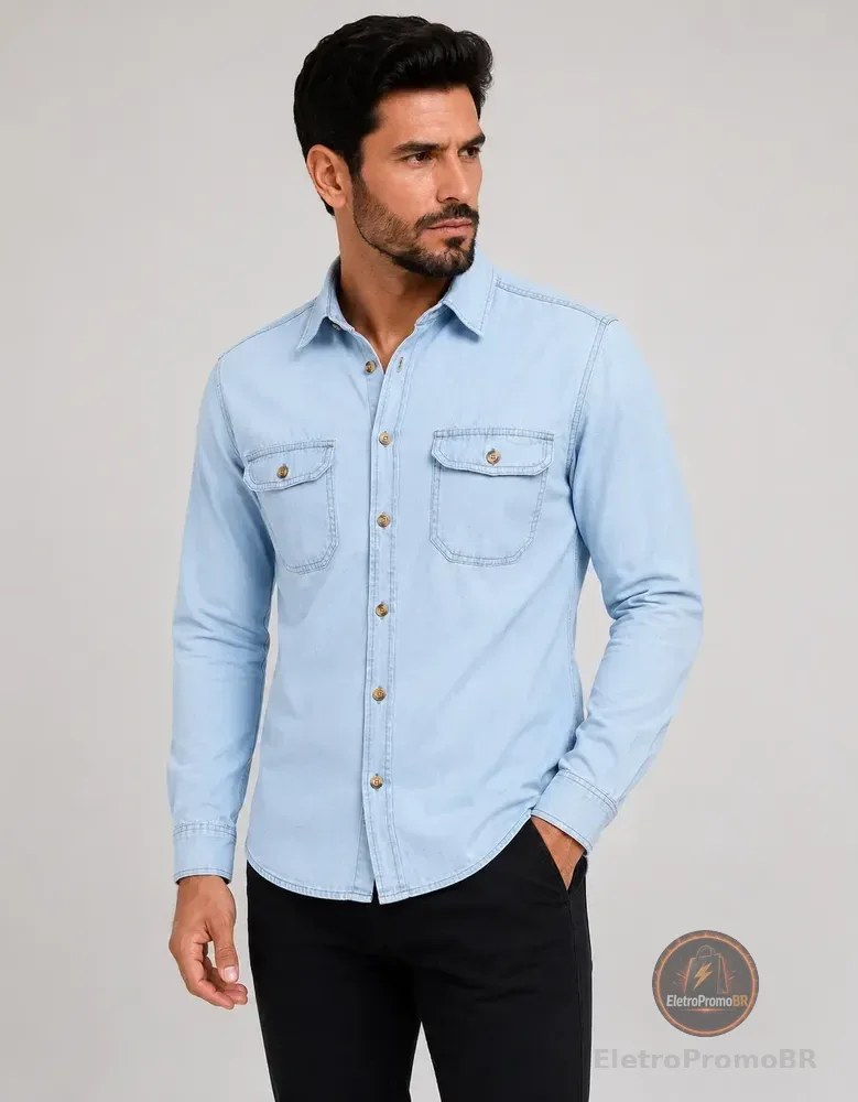 Camisa Jeans Masculina Social Slim Manga Longa Jeans Claro G