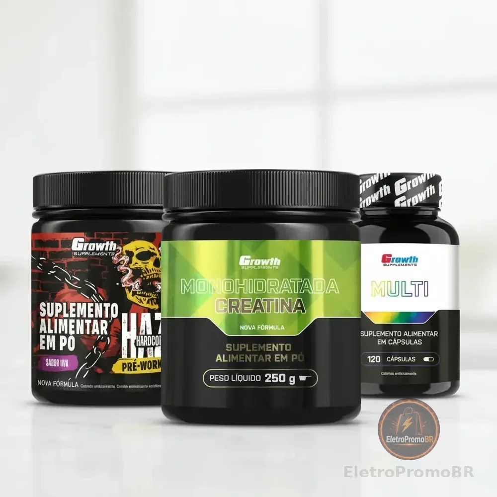 Kit Growth: Creatina Monohidratada 250g + Multivitamínico 120 Cáps + Pré-treino Haze Uva 300g