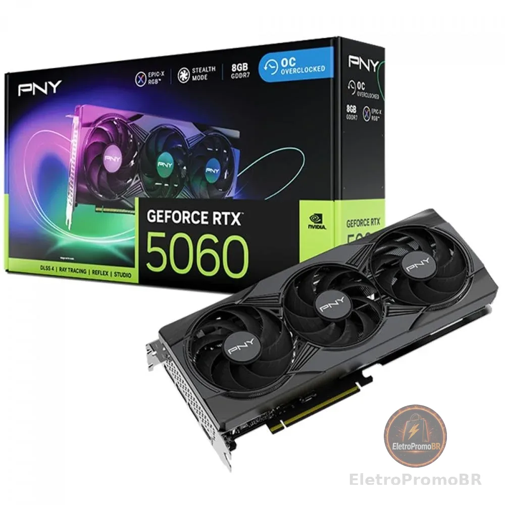 Placa de Vídeo Pny Nvidia Geforce Rtx 5060 Epic-x Rgb Oc Triple Fan, 8gb, Gddr7, Dlss, Ray Tracing, Vcg50608tfxxpb1-o-tf