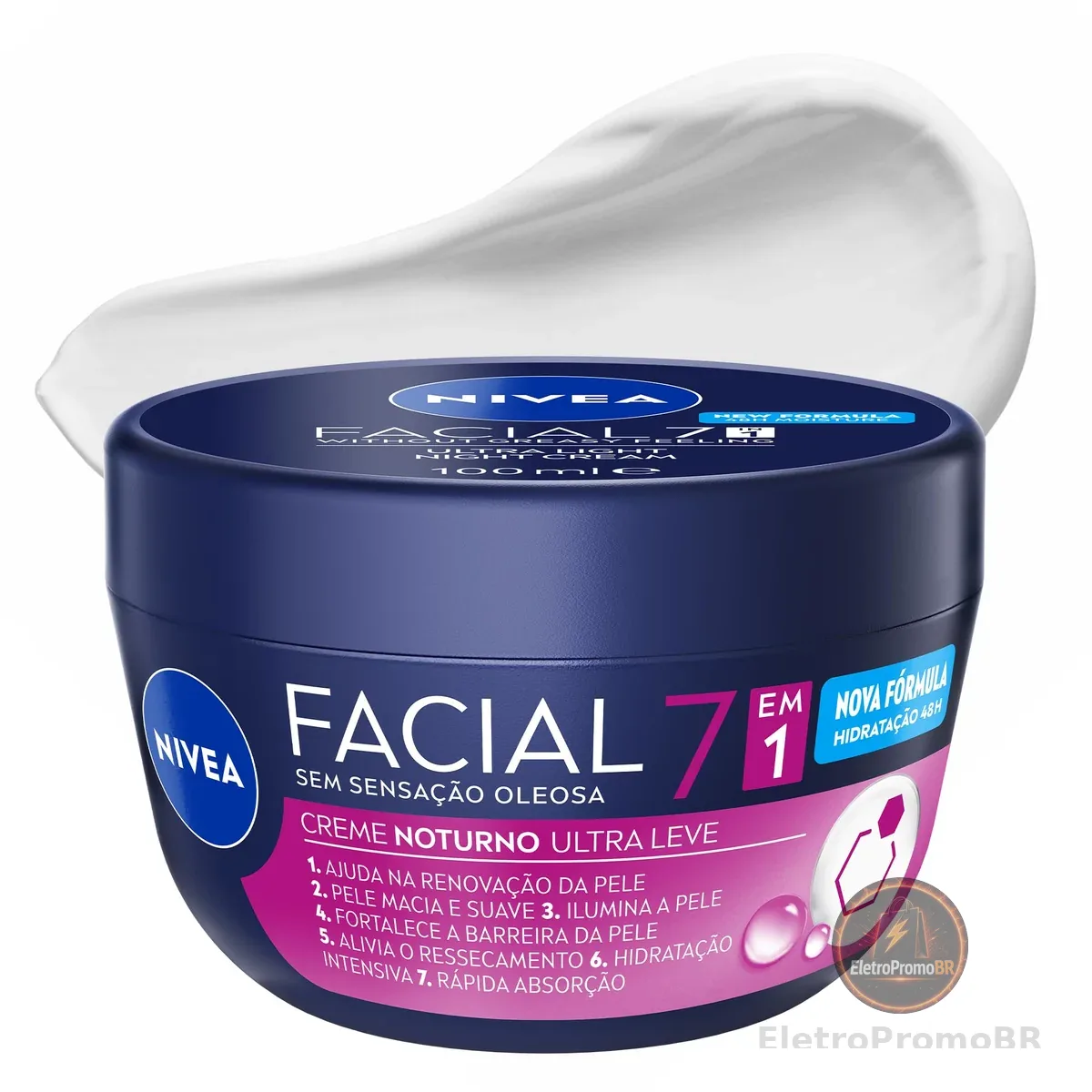 NIVEA Creme Facial Noturno Ultraleve 7 em 1 100g, Renovação da Pele, Hidratação 48h, Pró-Vitamina B5, Cuidado Facial Noturno