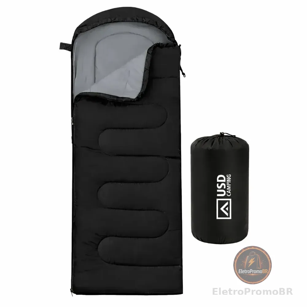 Saco De Dormir Camping Impermeável Usd Confortável 2,10m X 75cm C/ Bolsa De Transporte Cor Preto