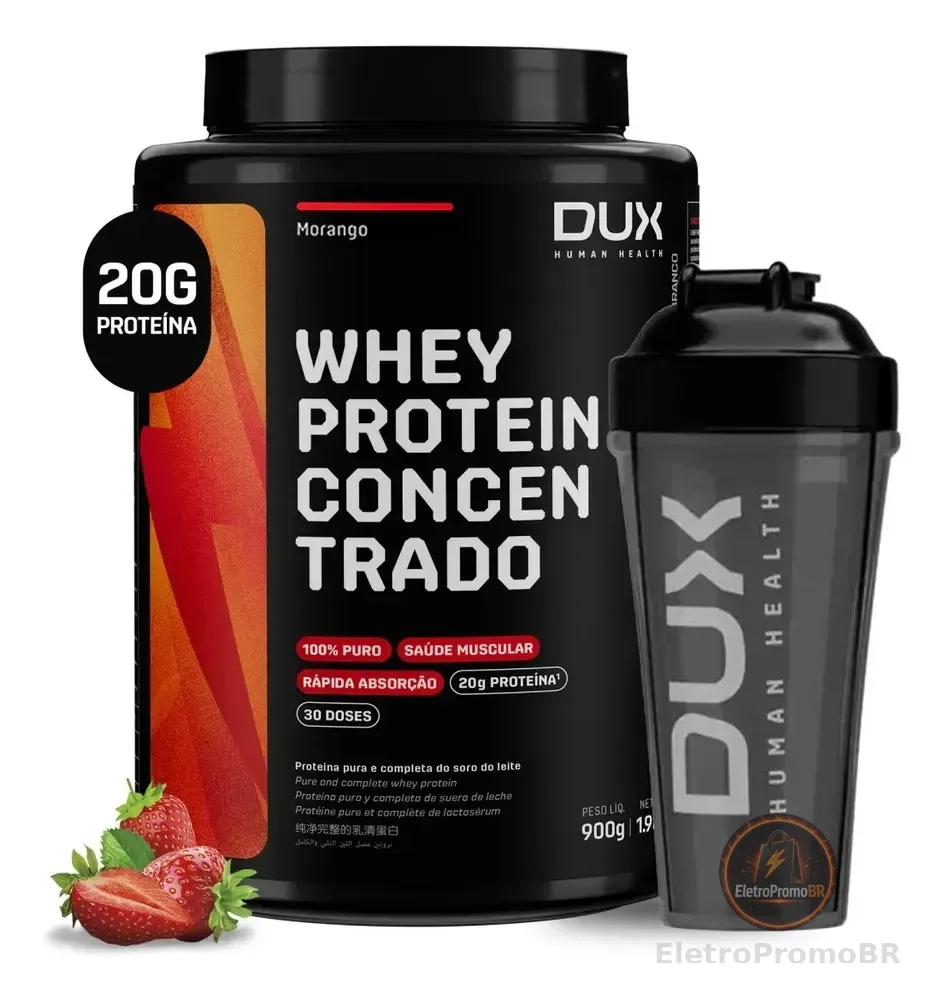 DUX HUMAN HEALTH Whey Protein Concentrado 900g Morango + Coqueteleira