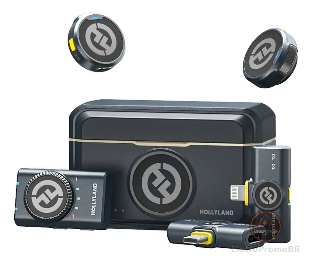 Microfone Lapela Hollyland Lark M2 Combo Duplo USB-C, Lightning e Camera preto