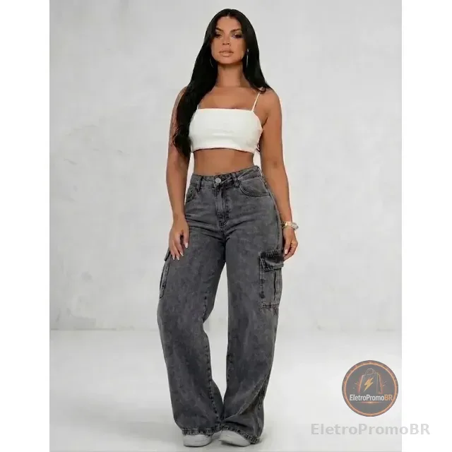 Calça Cargo Feminina Wide Leg Cintura Alta Jeans  Stillger