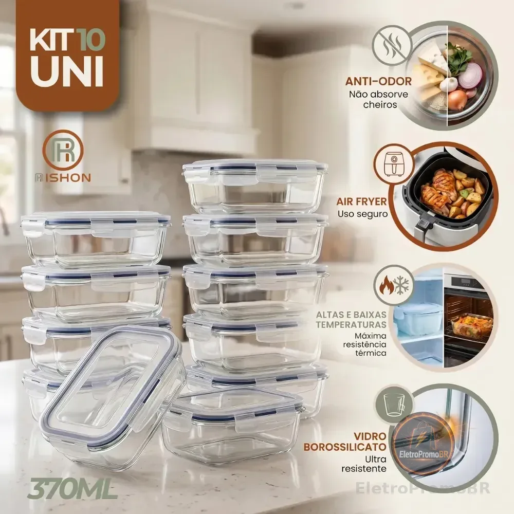 Kit 10 Pote De Vidro Marmita Hermético 370ml Freezer Fitness Rishon