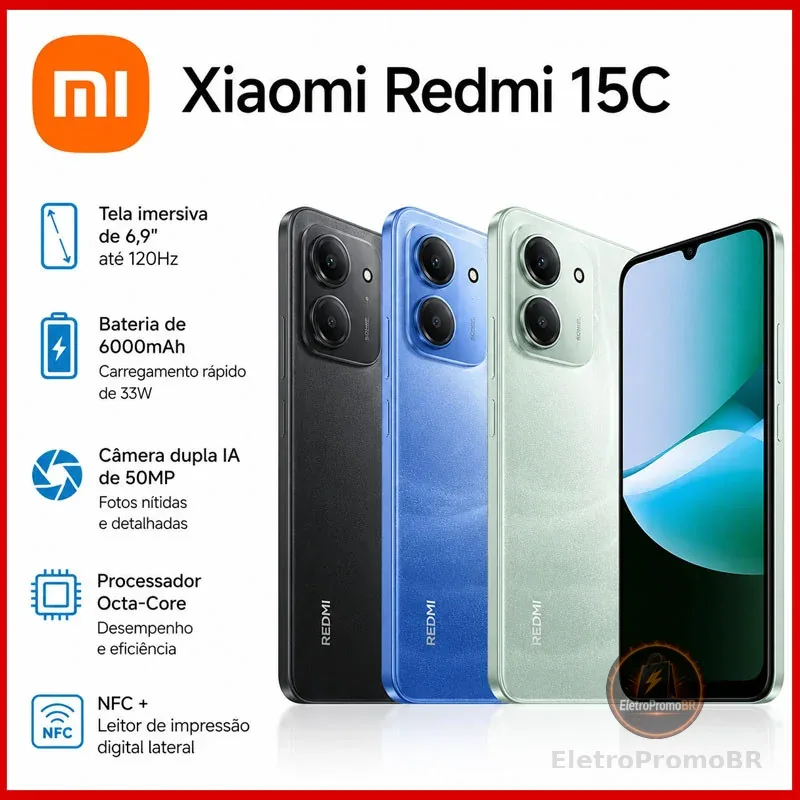 (Novo) Câmera Xiaomi Redmi 15C preto 8GB+256GB RAM,4GB+128GB RAM