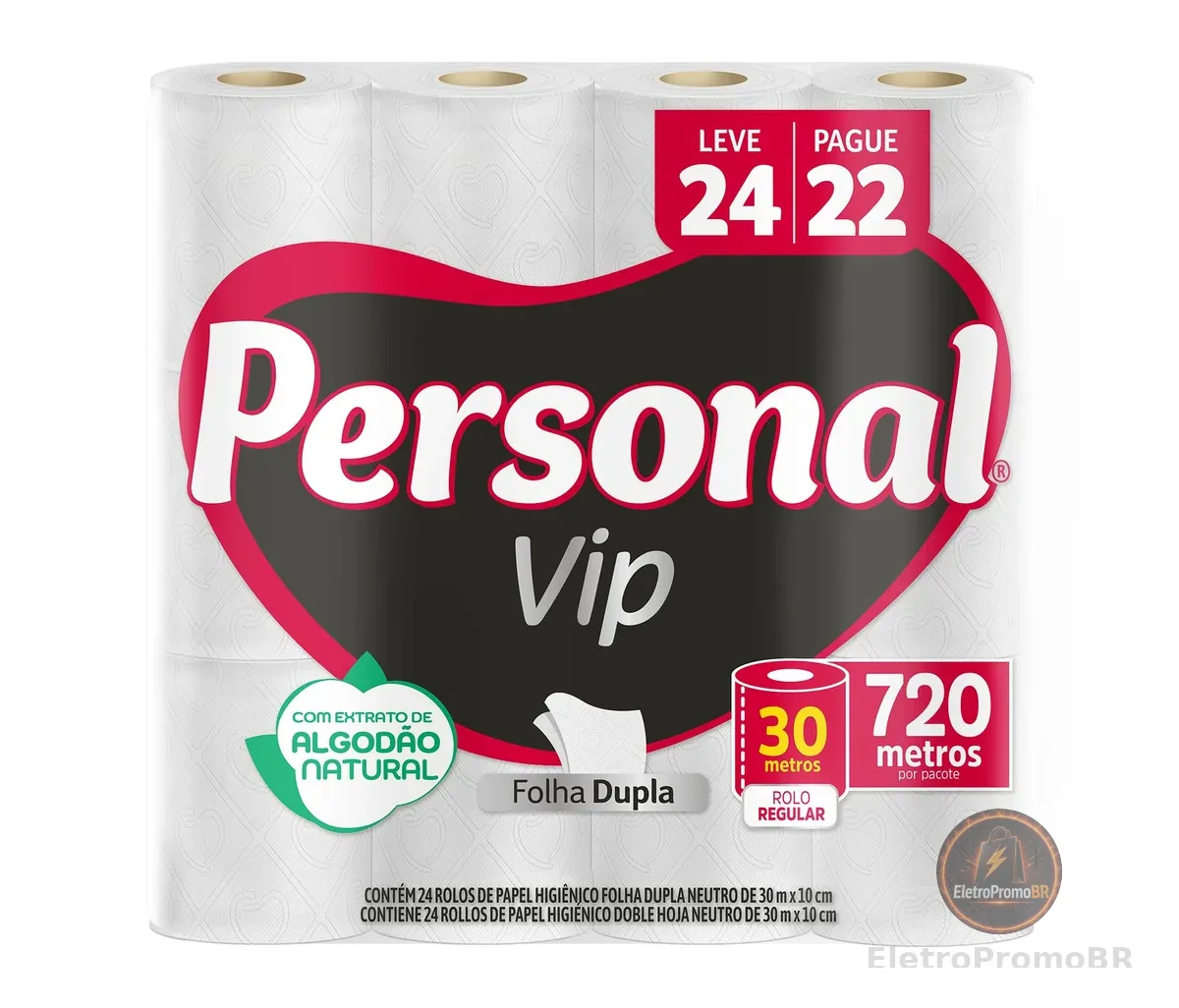 Personal VIP - Papel Higiênico Folha Dupla, Branco 24 unidades (Embalagem pode variar)