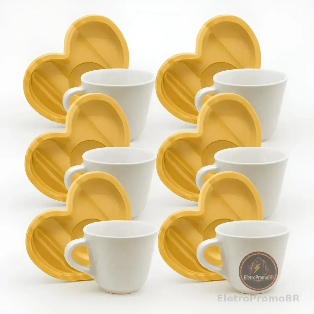 Jogo 6 Xicaras Café Porcelana Branca Com Pires Coração 65ml Cor Branco Café Expresso