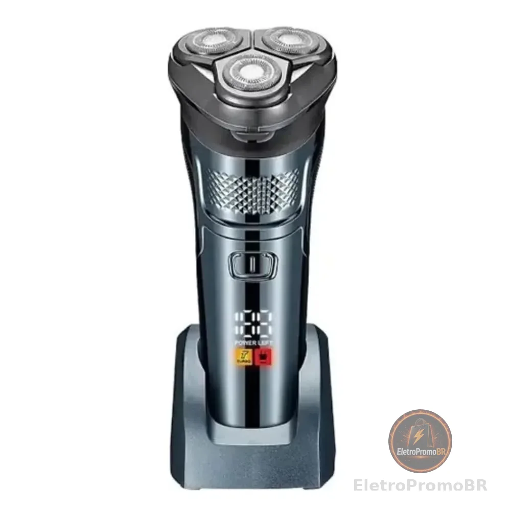 Barbeador Elétrico Masculino Profissional 3 Lâminas Rotativas Duplas, Display LCD Bi-Volt Premium