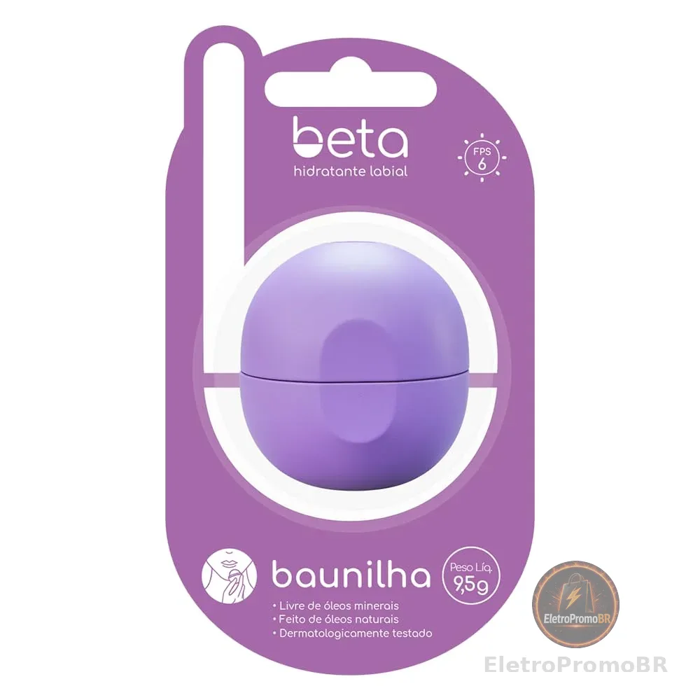 BETA Hidratante Labial BAUNILHA 9,5g - Hidratação profunda para seus lábios, com aroma de Baunilha, feito com ingredientes naturais, com fator de proteção solar, design prático e sofisticado
