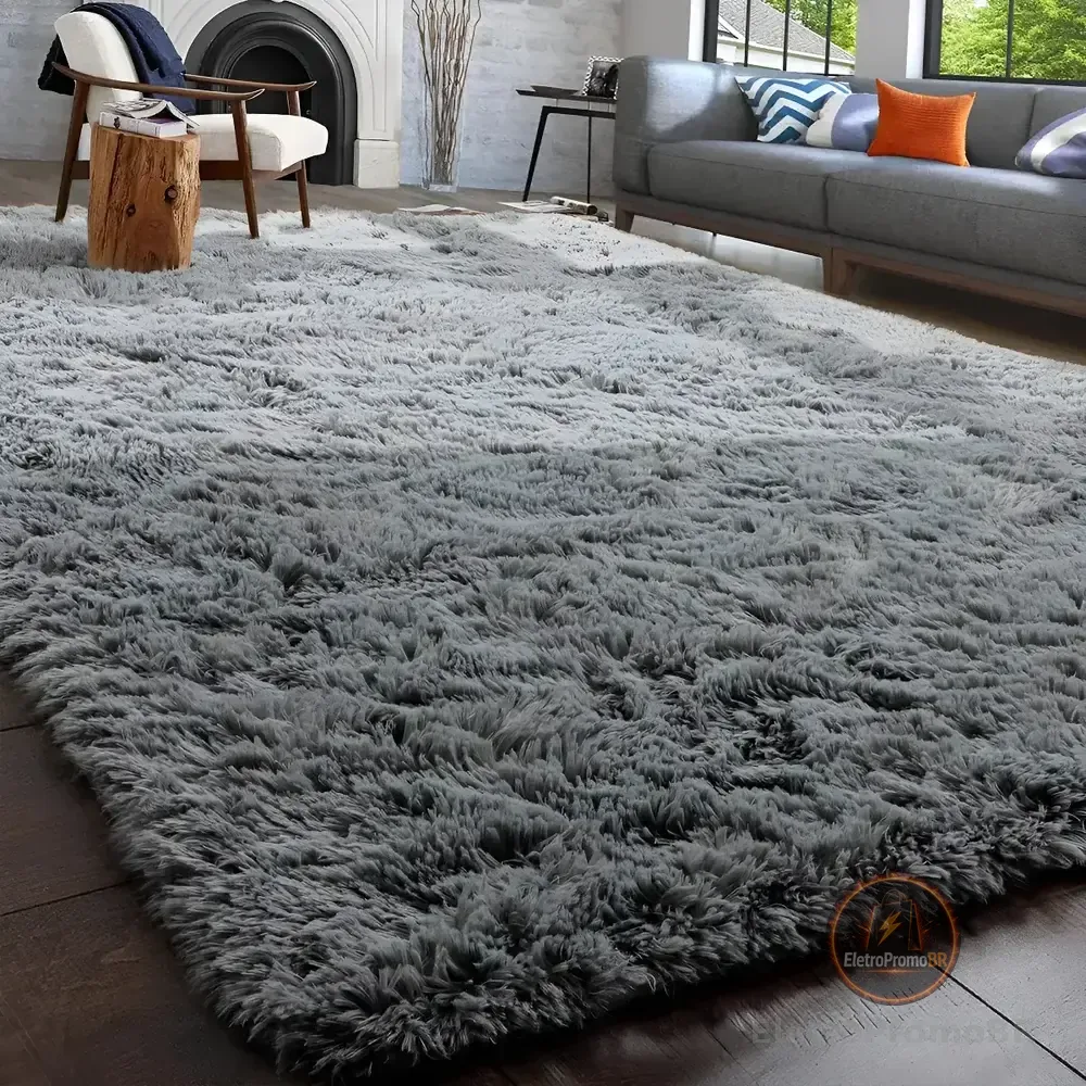 Tapete Decorativo Felpudo 2,00x1,50 Sala Quarto Escritório Cor Cinza Liso Pelo Alto Casa Laura Enxovais