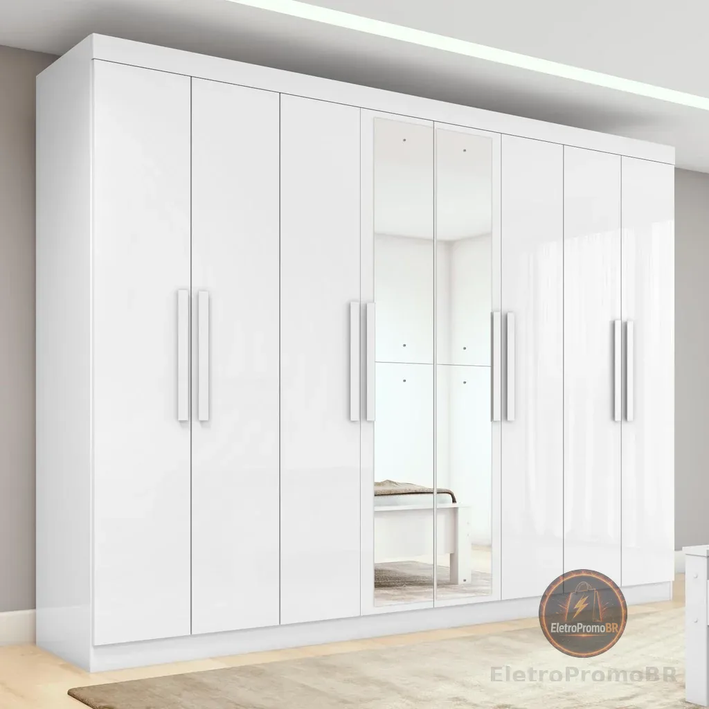 Guarda-roupa Casal Easy Slim 8 Portas Com Espelho Branco