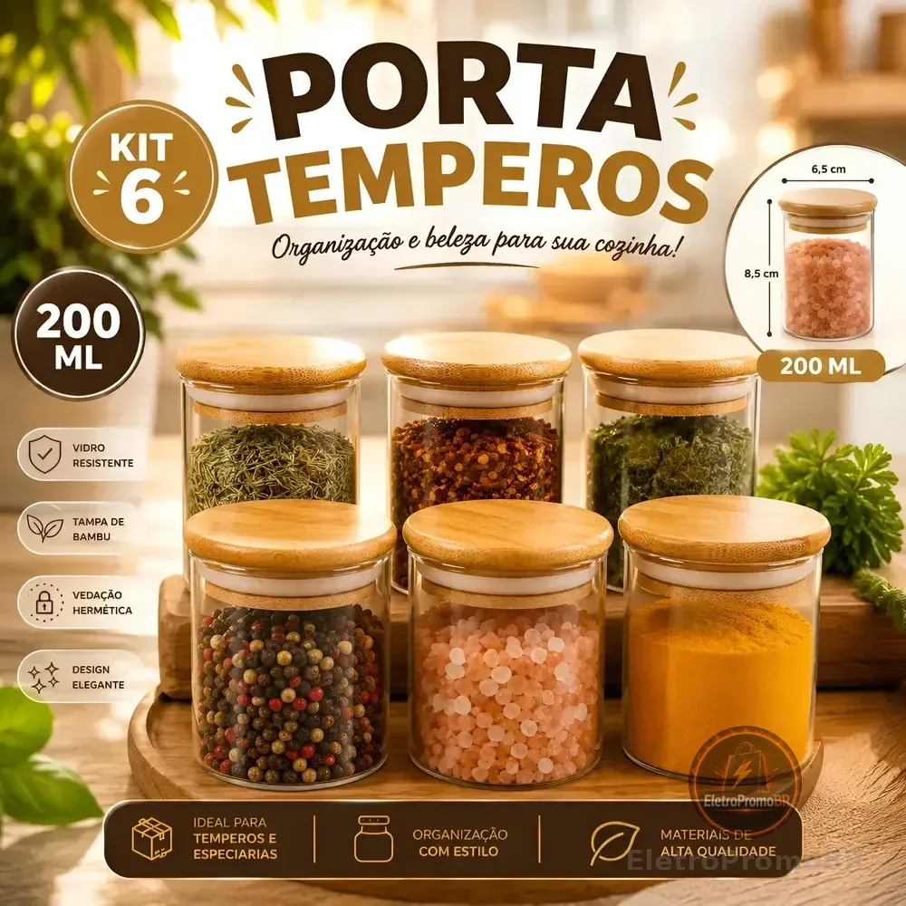 Kit 6 Pote Vidro Porta Temperos Hermético Cozinha Organiza V Vidro/tampa De Bambu