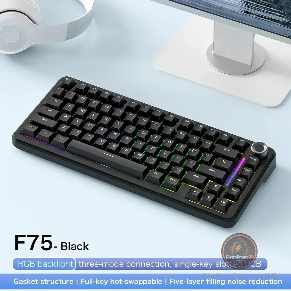 Teclado Mecânico F75 Sem Fio 75% Rgb Preto