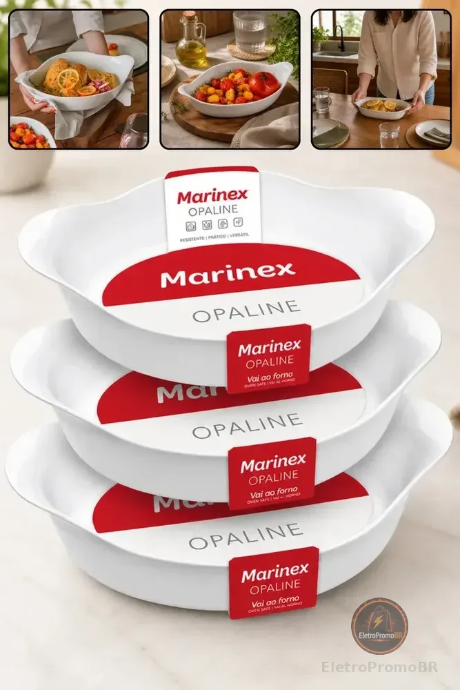 Kit 3 Travessas Marinex Opaline Oval 3 Tamanhos Forma De Vidro Temperado Branco Alta Resistência Térmica Jogo De Assadeiras Vai ao Forno Microondas Geladeira Freezer Qualidade Premium Fácil de Limpar