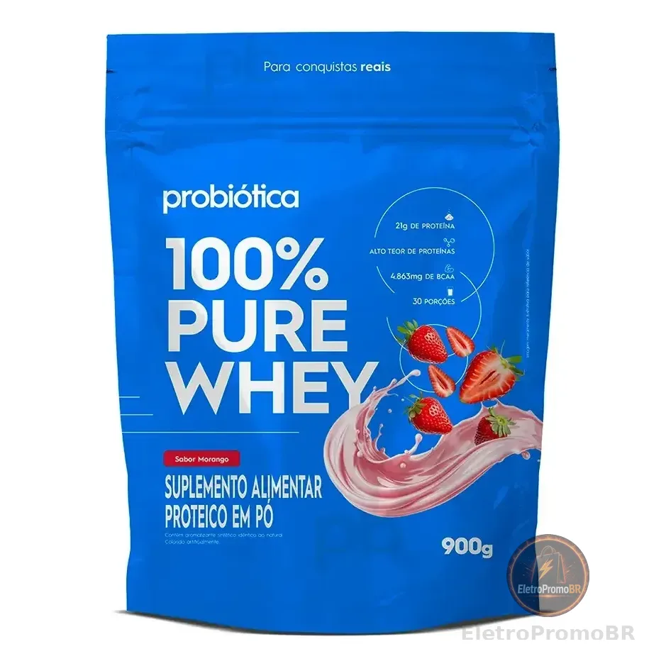 100% Pure Whey Refil 900g - Probiótica - Whey Concentrado Sabor Morango