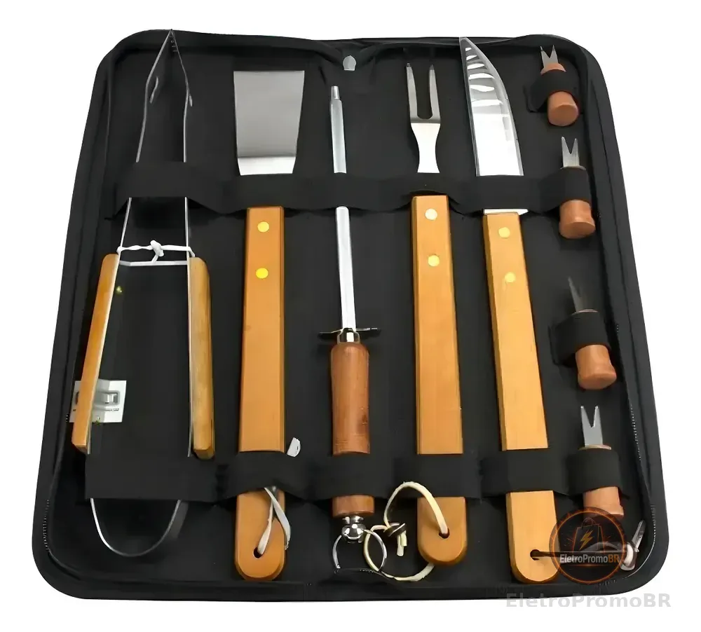 Kit Churrasco 360 De Aço Inoxidável Com 10 Peças