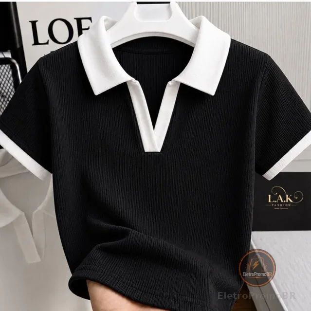 Blusa Polo Feminina Bicolor Manga Curta Ribana Premium Canelada Elegante