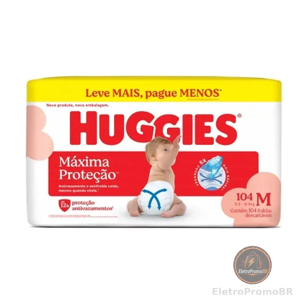 Fralda Descartável Infantil Huggies Máxima Proteção M Pacote 104 Unidades Leve Mais Pague Menos