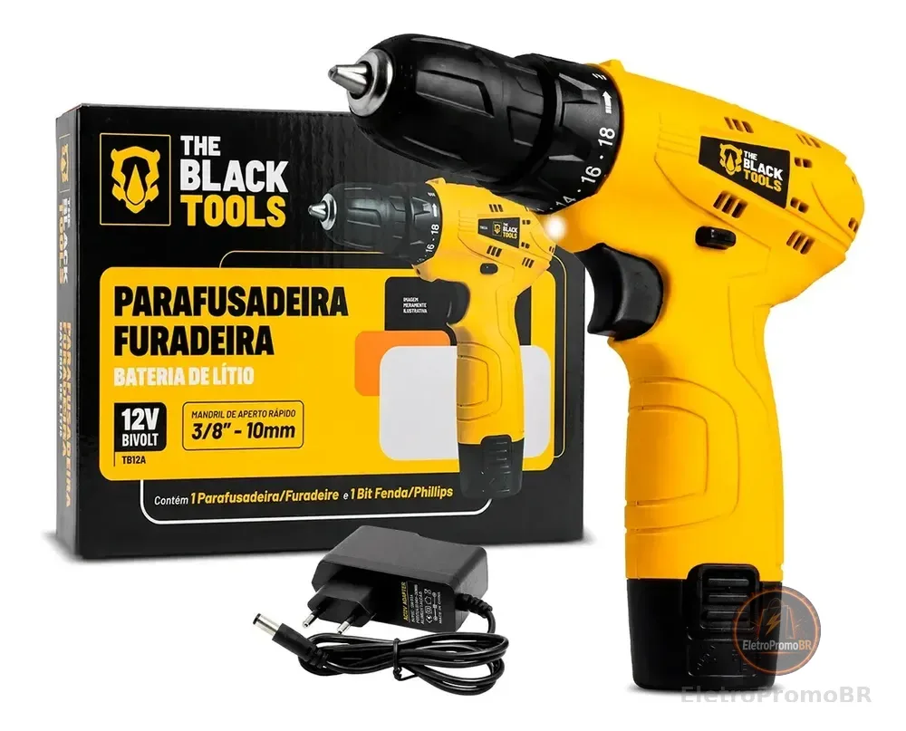 Parafusadeira Furadeira The Black Tools TB12A 3/8 a Bateria Cor Amarelo Frequência 60Hz