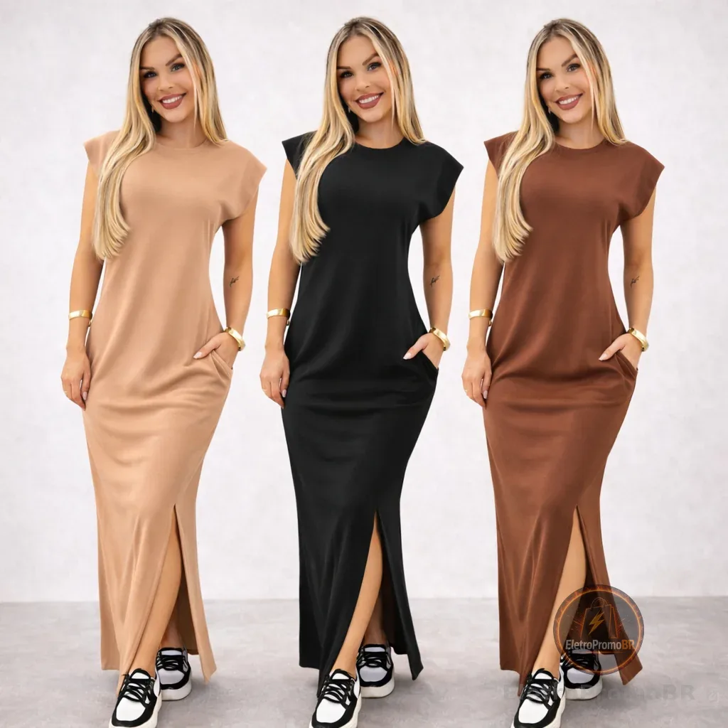 Vestido longo casual basico feminino ribana canelada manga muscle moda gringa preto marrom plus size
