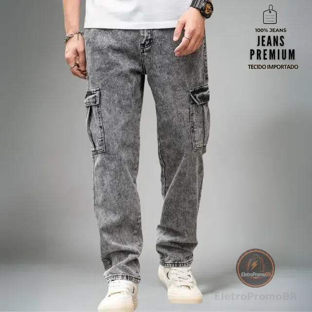 Calça Jeans Cargo Baggy Masculina Streetwear Mesclada P A Gg