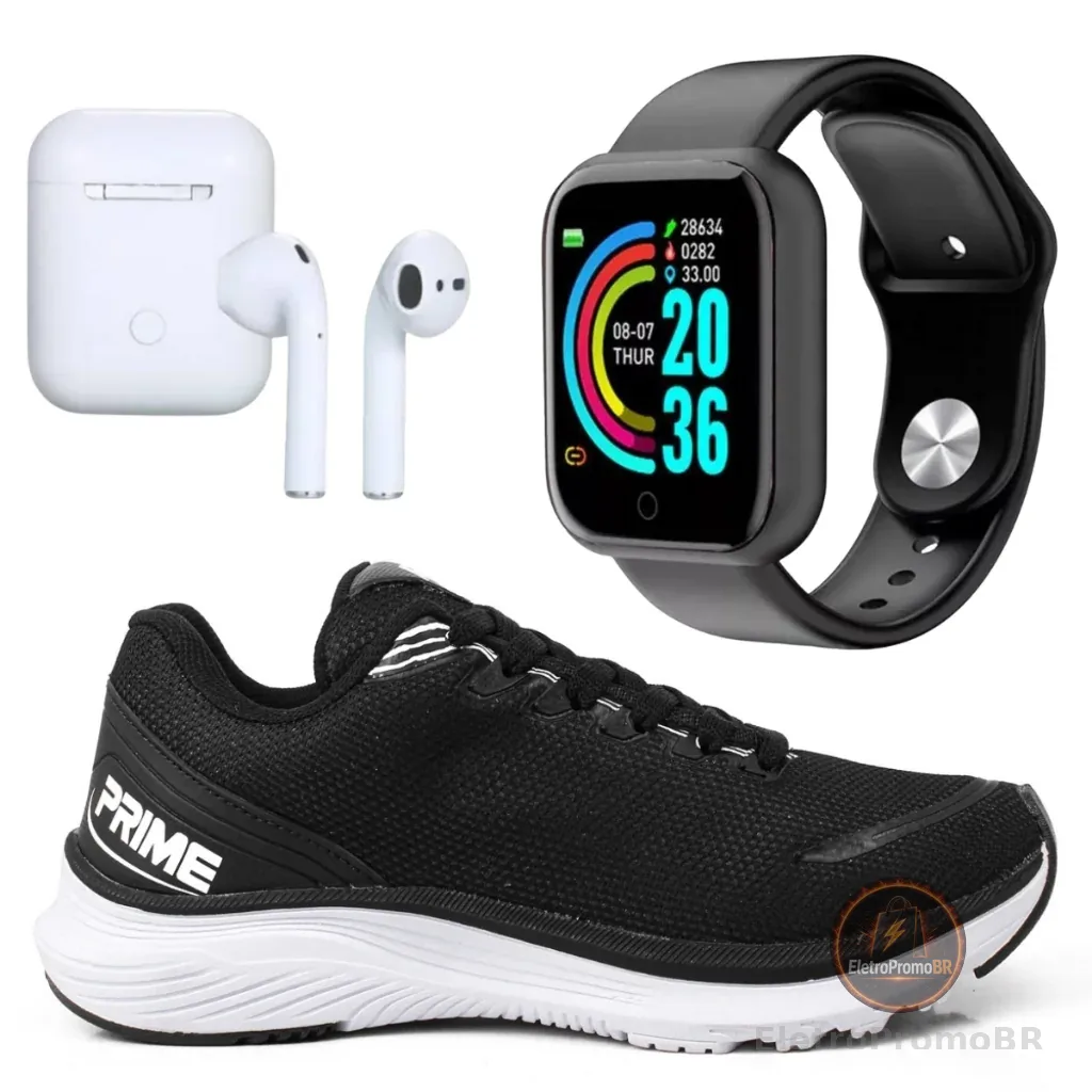Kit Tênis Masculino Corrida Confortável + Fone Bluetooth + Relógio Smart