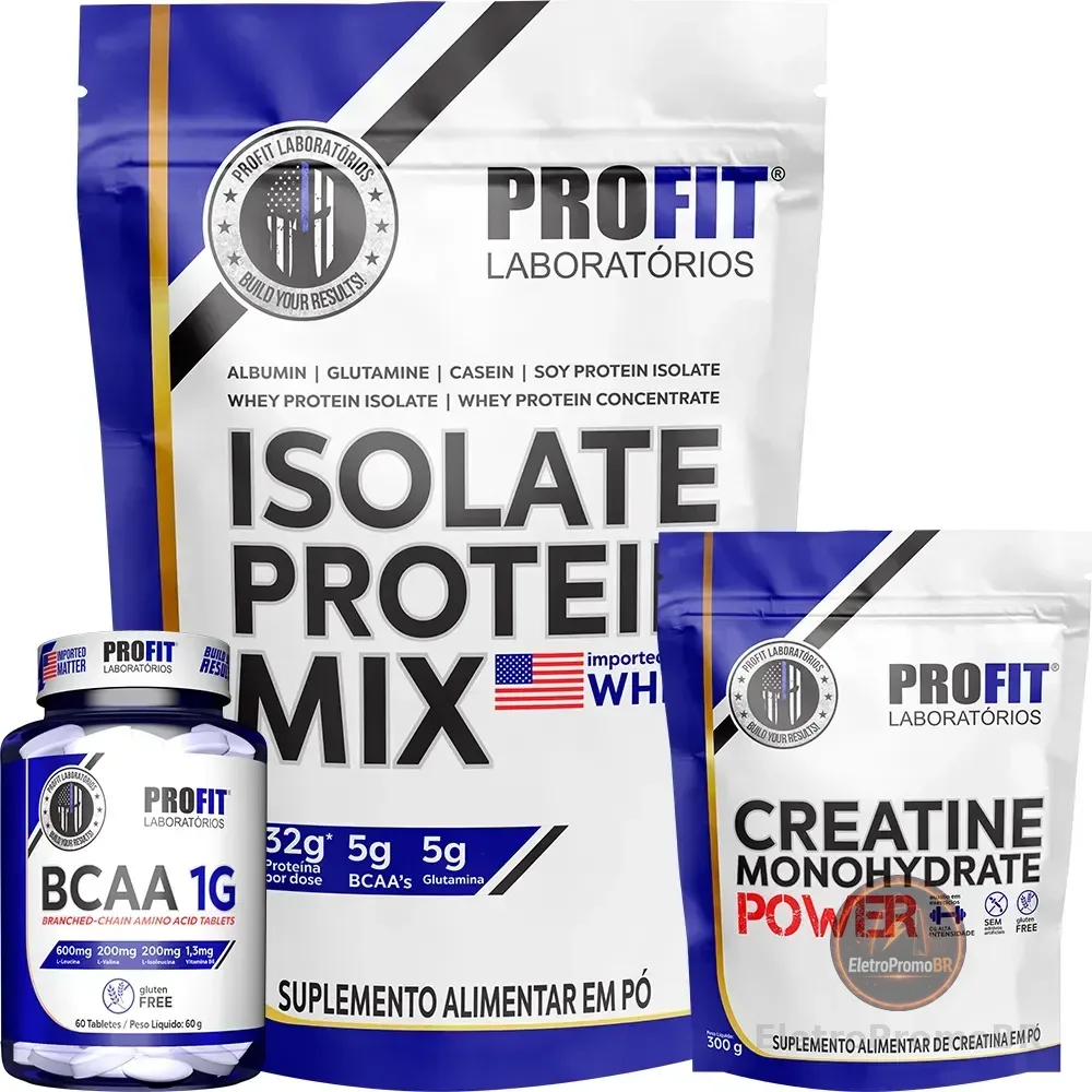 Kit Whey Isolate Protein Mix Creatina Power Bcaa 1g Profit Morango 1.8kg | Bcaa 60 Tabs | Creatina 300g