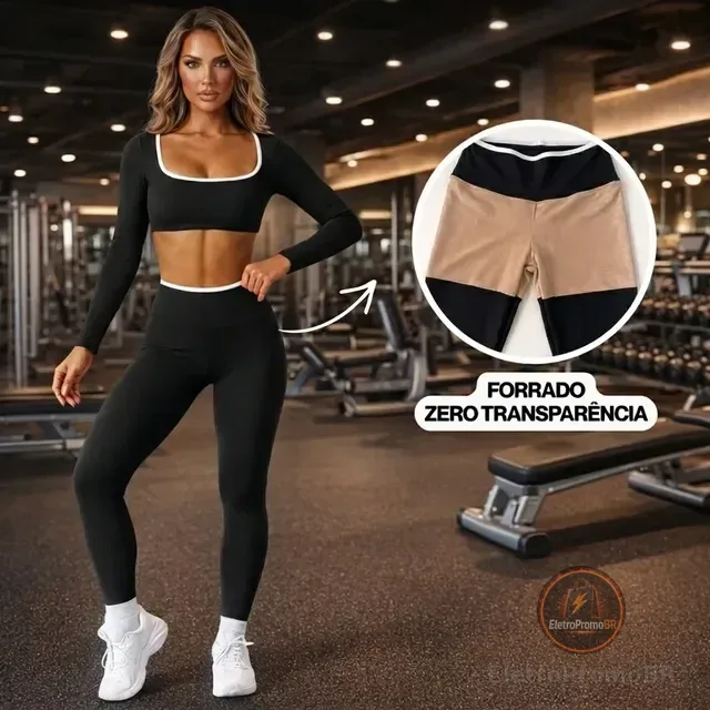Conjunto Fitness Feminino Manga Longa Com Viés Branco Suplex