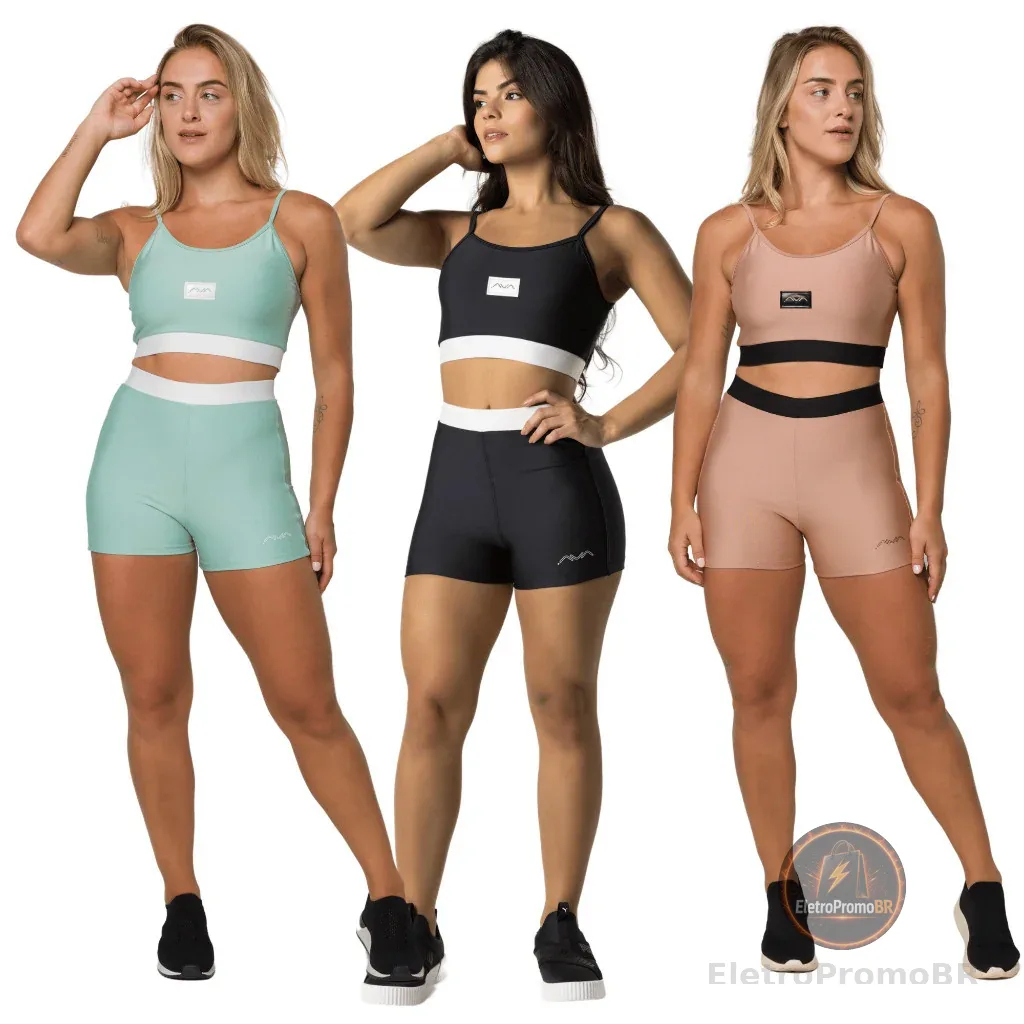 Conjunto Feminino Academia Suplex Poliamida Top e Short Com Elástico No Cós AVA Fitness