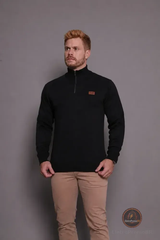 Suéter Masculino Zíper Gola Alta Red Nose Básico Inverno Preto M