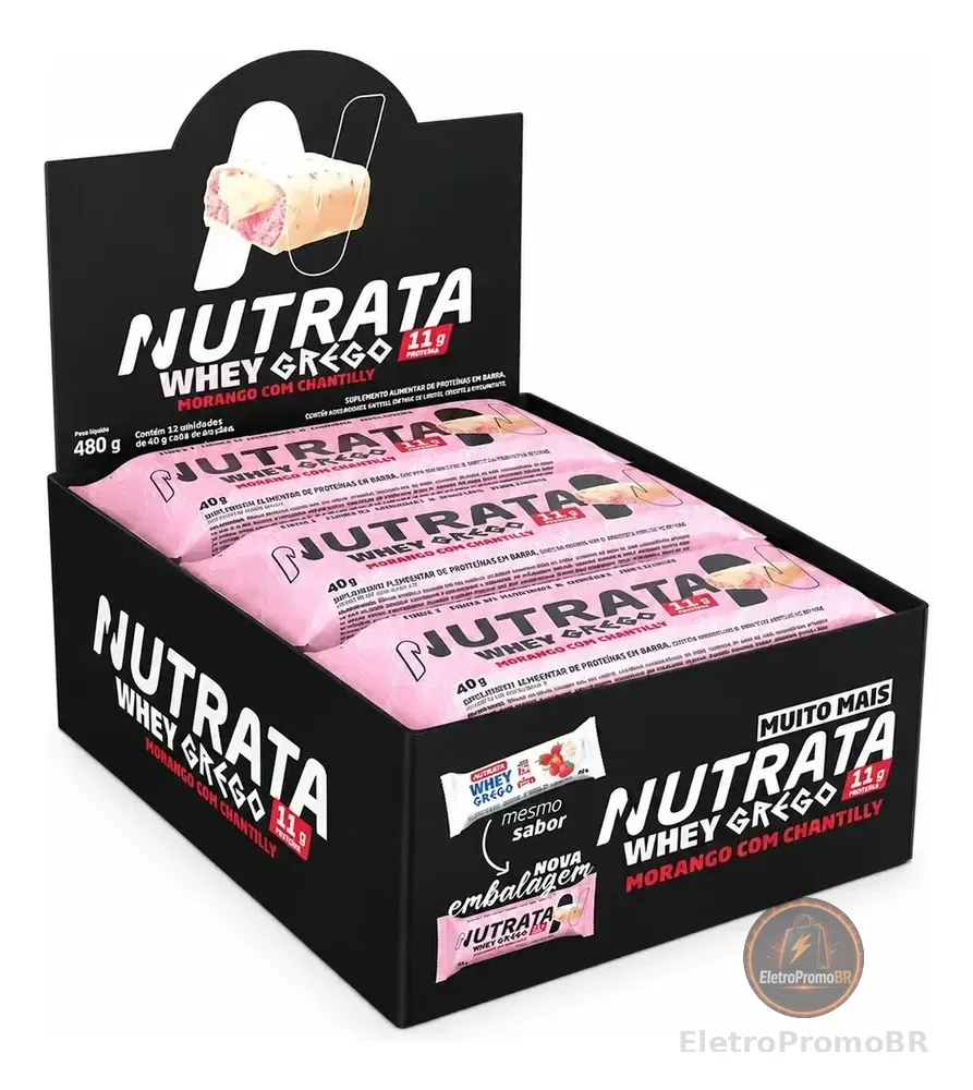 Barra Whey Grego 40g Display com 12 unidades Morango com Chantilly Nutrata