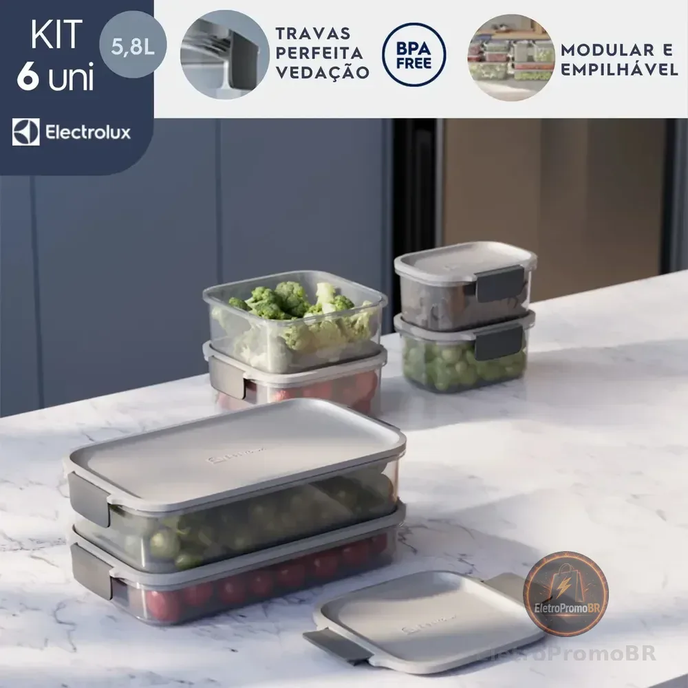 Electrolux Kit 6 Potes Herméticos De Plástico Cinza, 5,8l, Safelock, Empilhável E Modular