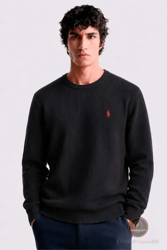 Suéter Masculino Gola Careca Cardigam Blusa Inverno Basica Preto G