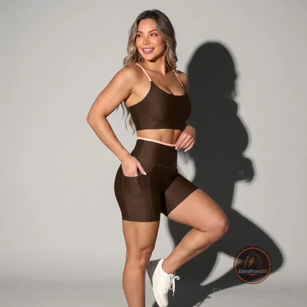 Conjunto Academia Fitness Top E Short Kit Zero Transparência Marrom/areia Lisa G 40/42