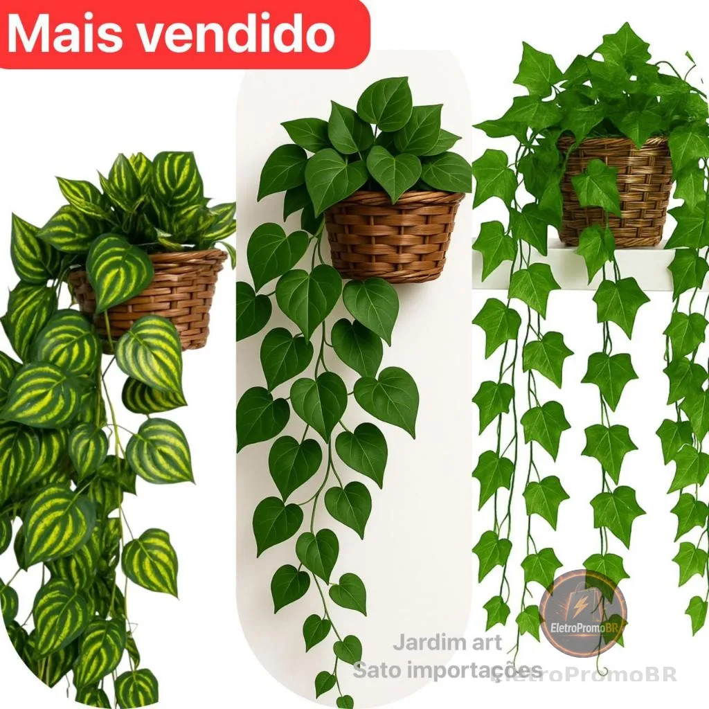 Arranjo c/ 3 Trepadeira Folha de HERA + Vaso Trançado Marrom