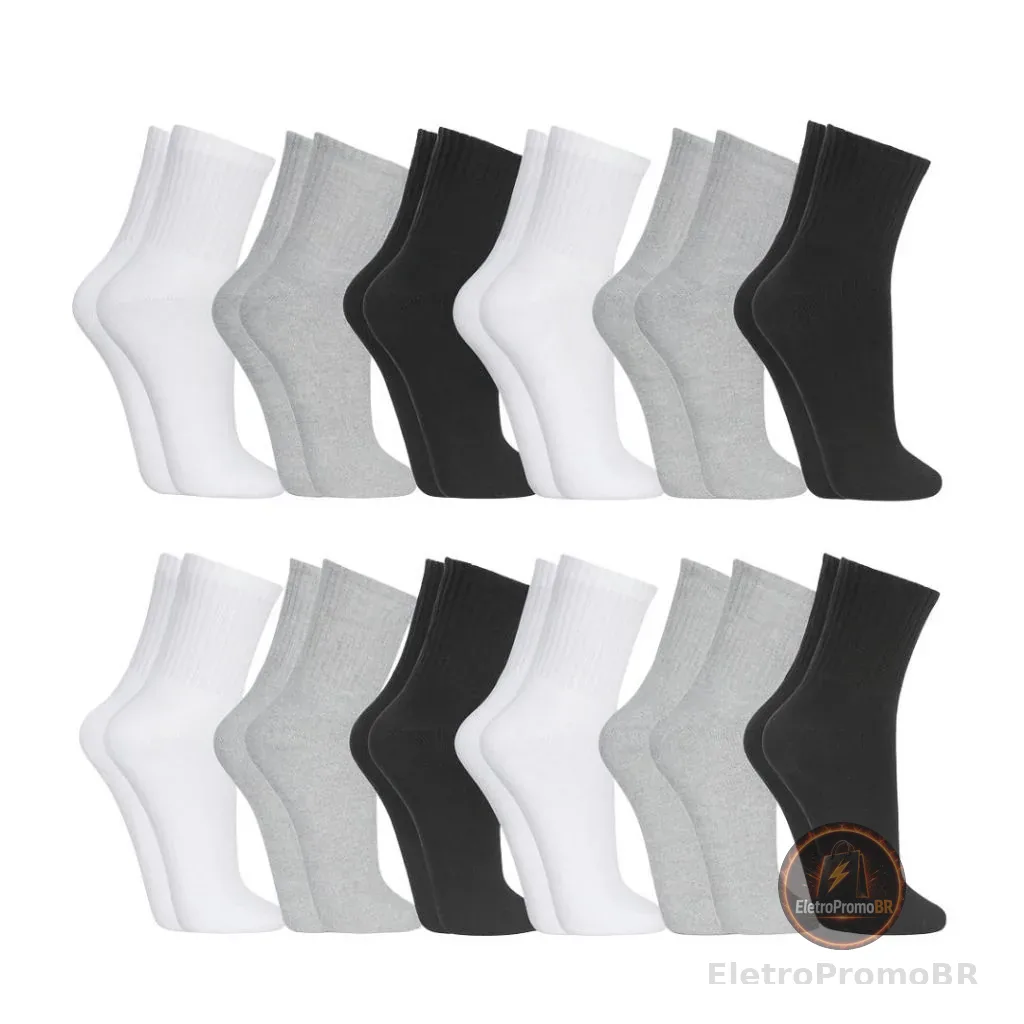 Kit 15,12 ou 6 Pares de Meias Cano Alto/Médio Algodão Unissex 36-42