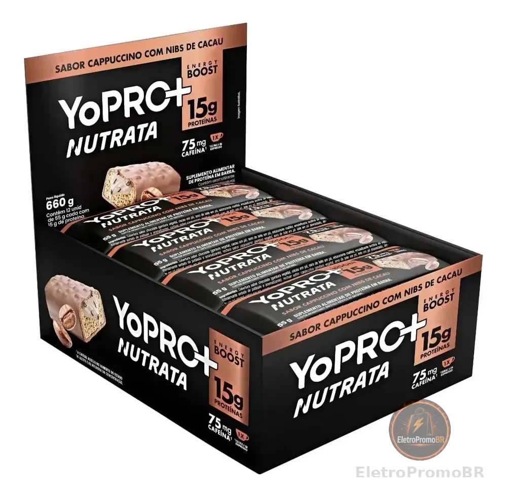 Barra Proteína Nutrata Yopro Sabor Cappuccino 12 Unidades 55g Cappuccino C/ Nibs De Cacau