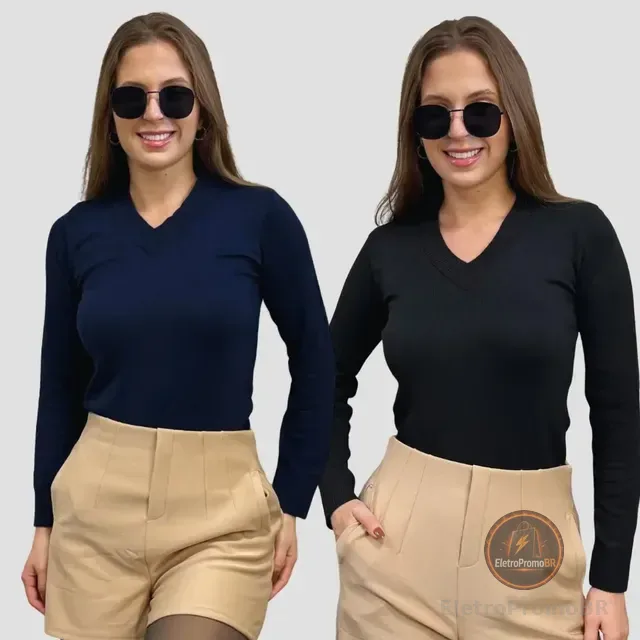 Kit 2 Suéter Feminino Tricô Básico Gola V Macia Moda Inverno