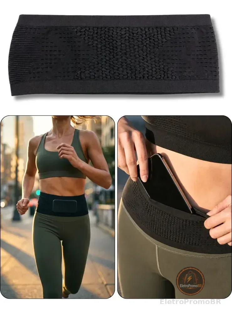 Cinta Pochete Corrida Porta Celular + E-book Fitness Habitos Preto Texturizado Tam. M