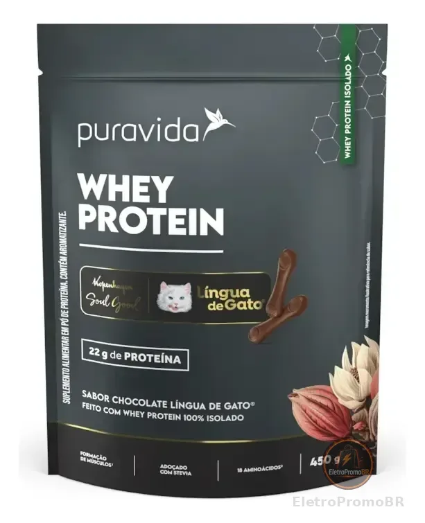 Whey Protein Isolado Chocolate Lingua de Gato 450g Puravida