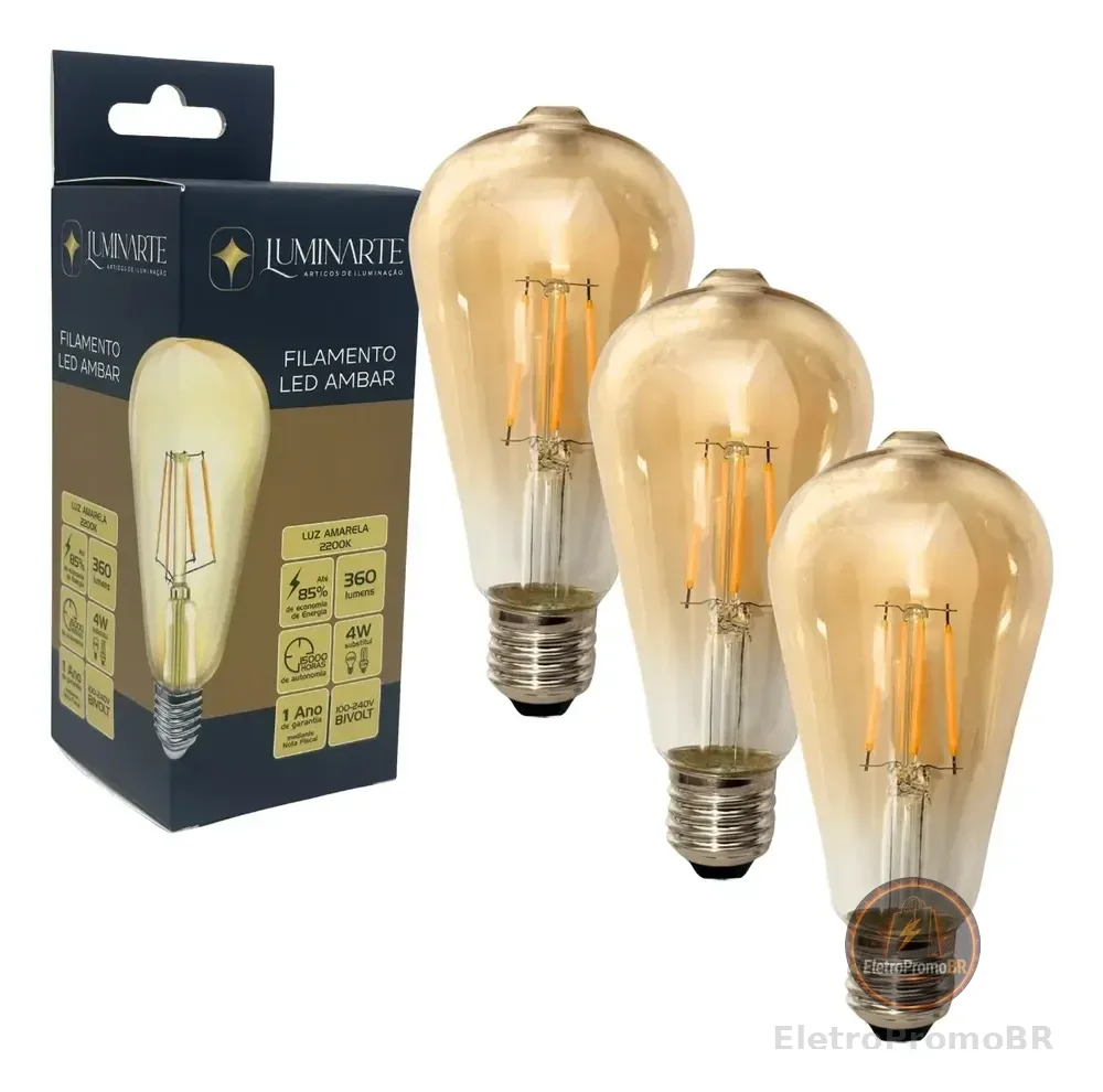 Kit 3 Lâmpadas Filamento Led St64 4w Âmbar 2200k Bivolt 127/220v Branco-quente
