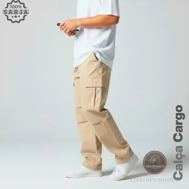 Calça Cargo Masculina Larga Skatista Streetwear Sarja P A Gg